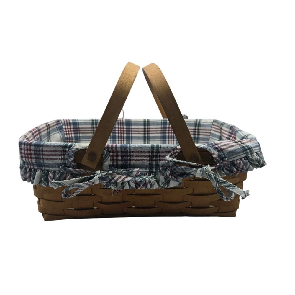 Vintage Longaberger Handwoven Spring Basket Plaid Fabric Liner Made USA